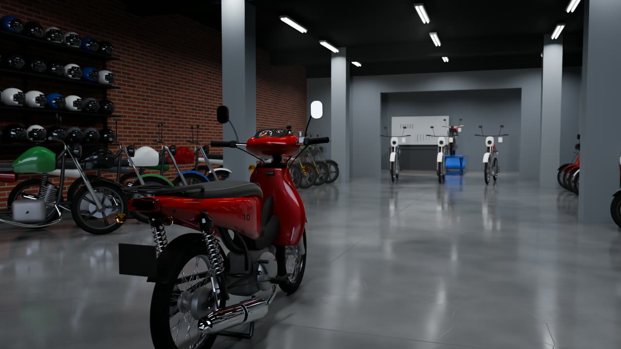 El local de For Export de noche, con las filas de motos, la pared de cascos y una cub 110 roja adelante